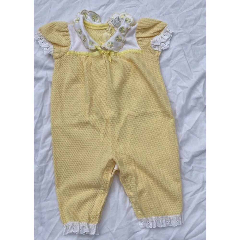 Vintage Carter’s Girls Sz 6 Months Yellow Floral Dress Jumpsuit USA Made 1980s